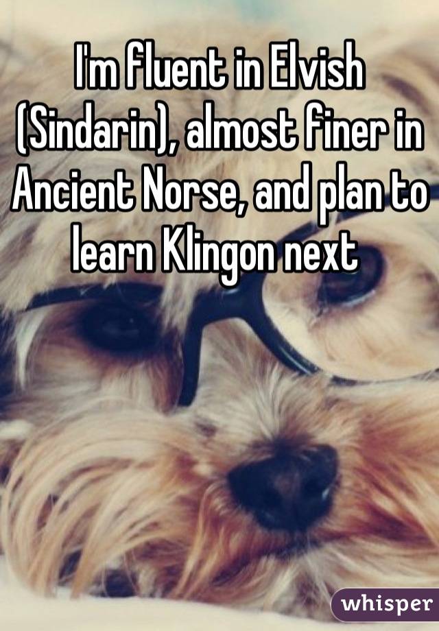 I'm fluent in Elvish (Sindarin), almost finer in Ancient Norse, and plan to learn Klingon next 