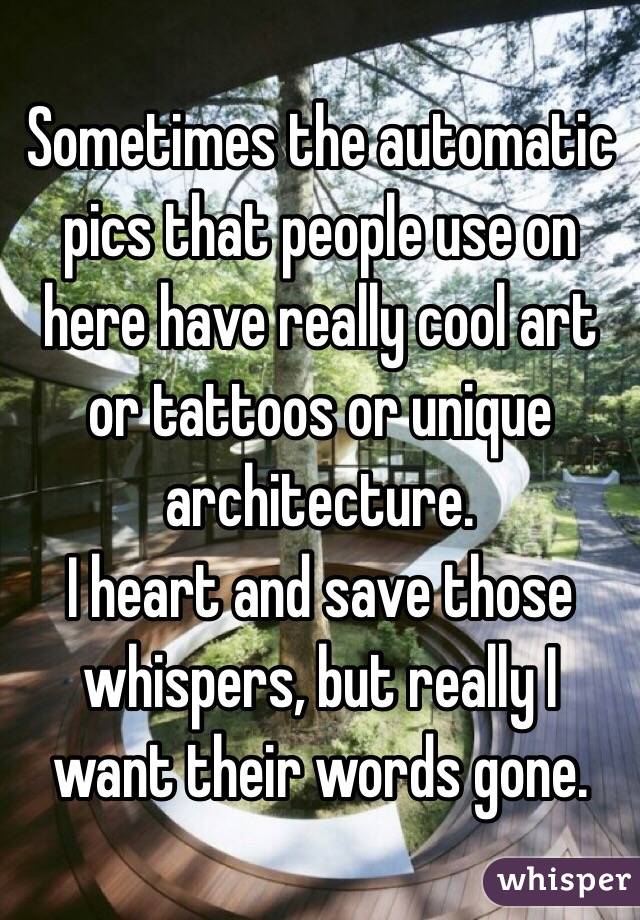 Sometimes the automatic pics that people use on here have really cool art or tattoos or unique architecture.
I heart and save those whispers, but really I want their words gone. 