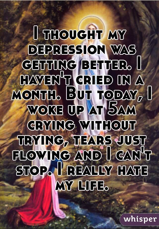I thought my depression was getting better. I haven't cried in a month. But today, I woke up at 5am crying without trying, tears just flowing and I can't stop. I really hate my life.