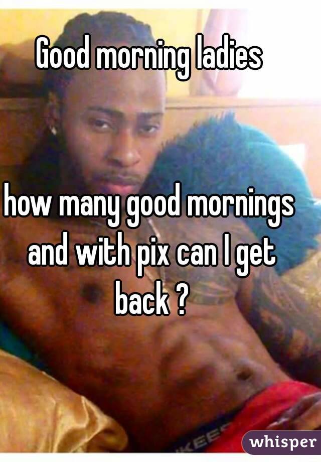 Good morning ladies


how many good mornings and with pix can I get back ?
