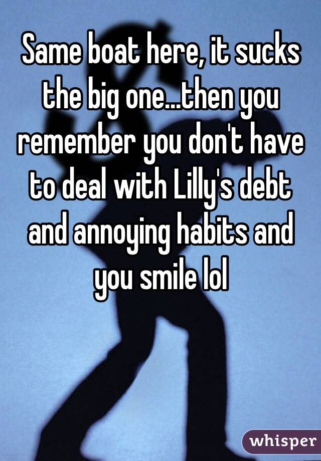 Same boat here, it sucks the big one...then you remember you don't have to deal with Lilly's debt and annoying habits and you smile lol 