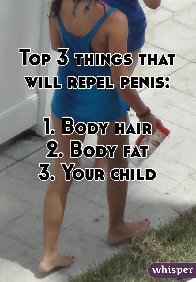Top 3 things that will repel penis:

1. Body hair
2. Body fat
3. Your child 