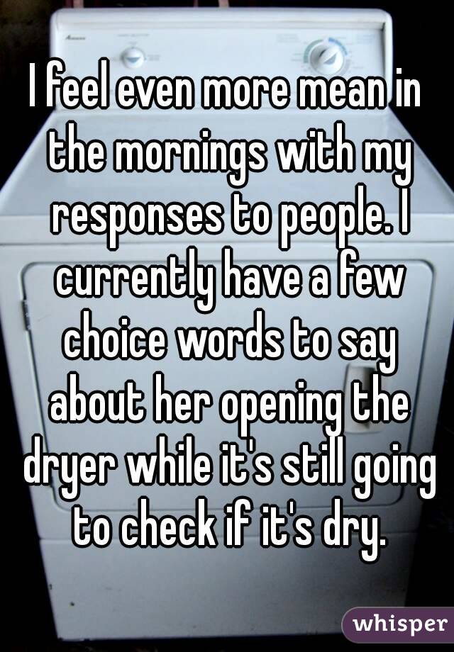 I feel even more mean in the mornings with my responses to people. I currently have a few choice words to say about her opening the dryer while it's still going to check if it's dry.