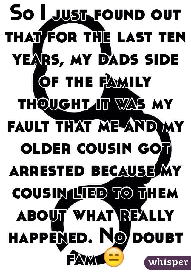 So I just found out that for the last ten years, my dads side of the family thought it was my fault that me and my older cousin got arrested because my cousin lied to them about what really happened. No doubt fam 😑