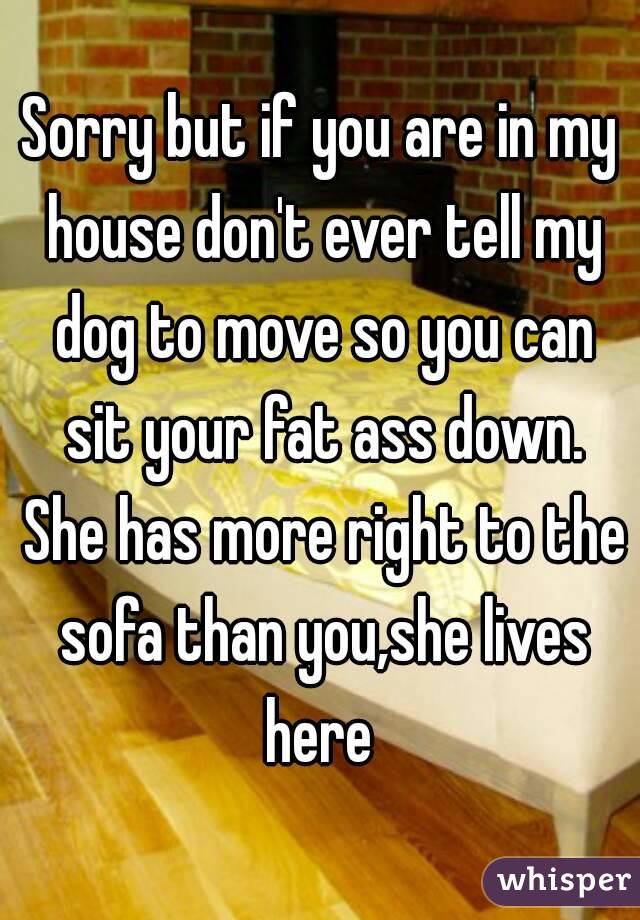 Sorry but if you are in my house don't ever tell my dog to move so you can sit your fat ass down. She has more right to the sofa than you,she lives here 