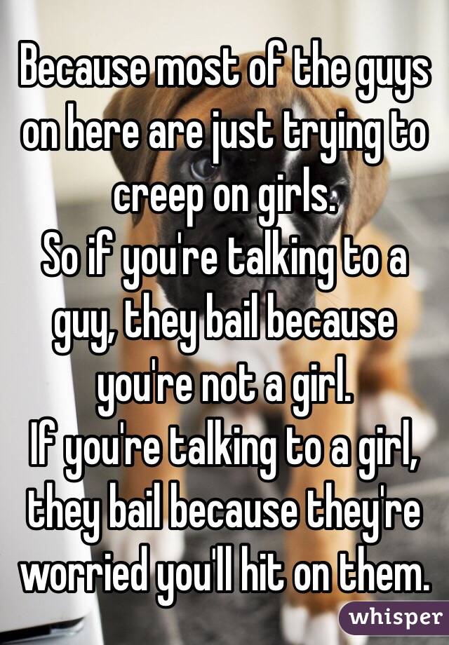 Because most of the guys on here are just trying to creep on girls.
So if you're talking to a guy, they bail because you're not a girl.
If you're talking to a girl, they bail because they're worried you'll hit on them.