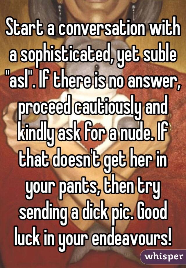 Start a conversation with a sophisticated, yet suble "asl". If there is no answer, proceed cautiously and kindly ask for a nude. If that doesn't get her in your pants, then try sending a dick pic. Good luck in your endeavours! 