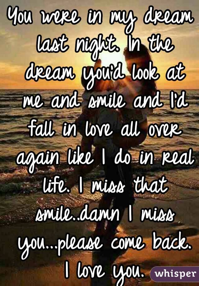 You were in my dream last night. In the dream you'd look at me and smile and I'd fall in love all over again like I do in real life. I miss that smile..damn I miss you...please come back. I love you.