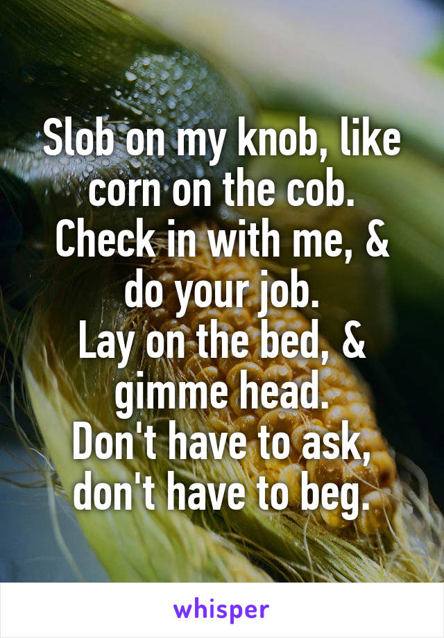 Slob on my knob, like corn on the cob.
Check in with me, & do your job.
Lay on the bed, & gimme head.
Don't have to ask, don't have to beg.