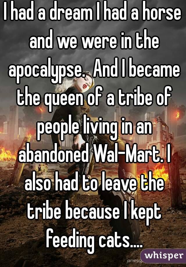 I had a dream I had a horse and we were in the apocalypse.  And I became the queen of a tribe of people living in an abandoned Wal-Mart. I also had to leave the tribe because I kept feeding cats....