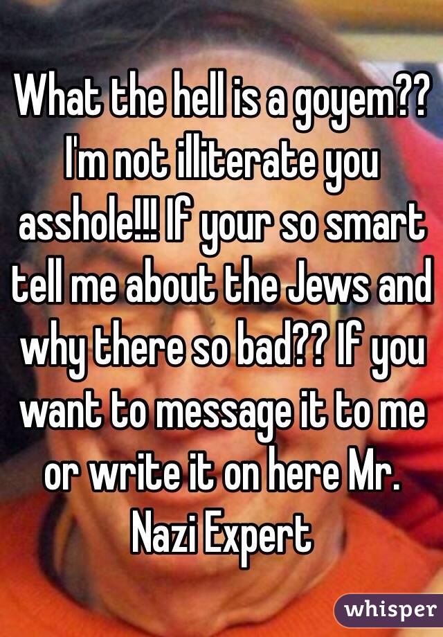 What the hell is a goyem?? I'm not illiterate you asshole!!! If your so smart tell me about the Jews and why there so bad?? If you want to message it to me or write it on here Mr. Nazi Expert