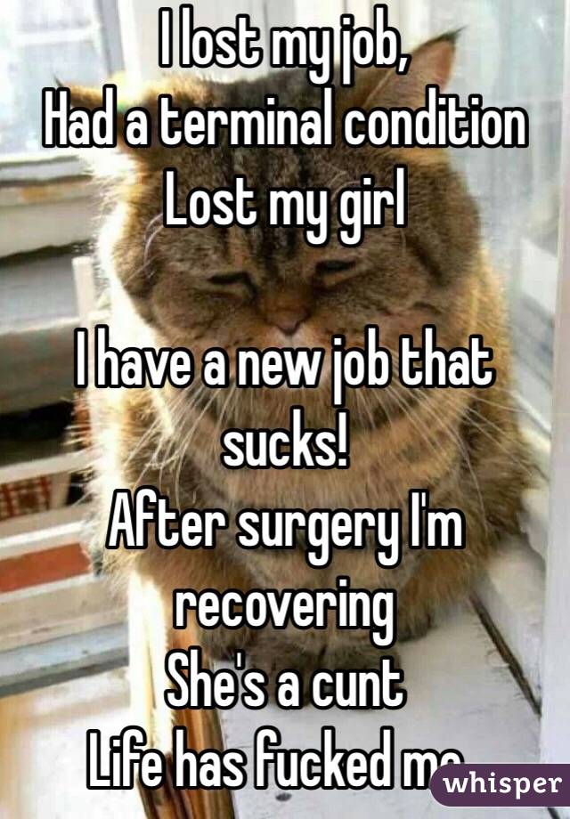 I lost my job,
Had a terminal condition 
Lost my girl 

I have a new job that sucks!
After surgery I'm recovering 
She's a cunt 
Life has fucked me..