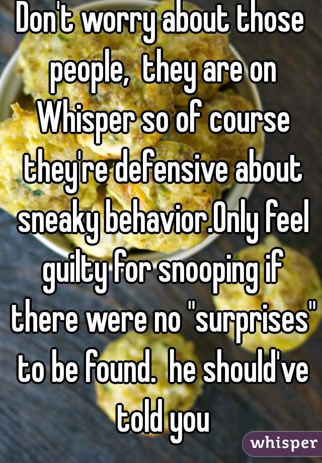 Don't worry about those people,  they are on Whisper so of course they're defensive about sneaky behavior.Only feel guilty for snooping if there were no "surprises" to be found.  he should've told you