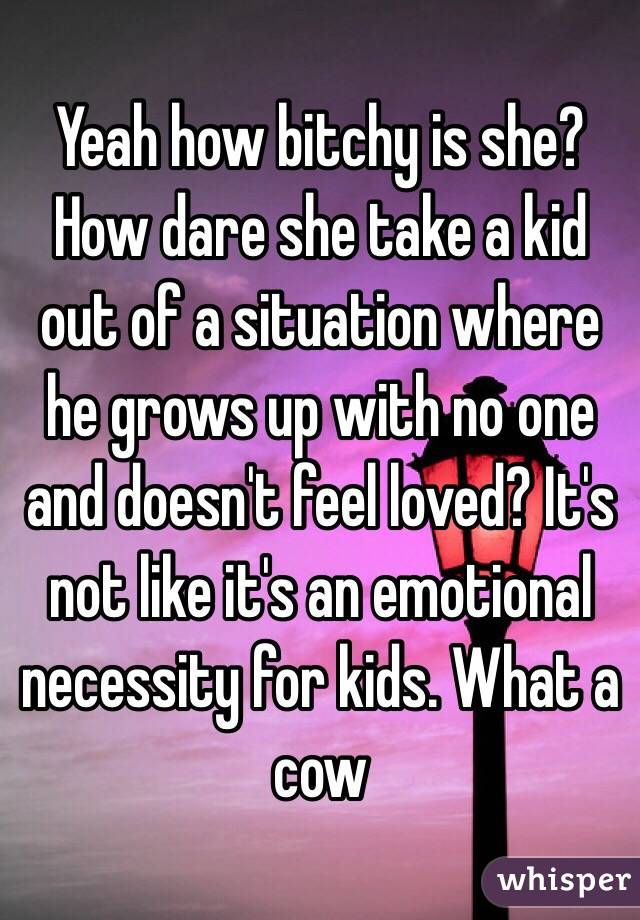 Yeah how bitchy is she? How dare she take a kid out of a situation where he grows up with no one and doesn't feel loved? It's not like it's an emotional necessity for kids. What a cow 