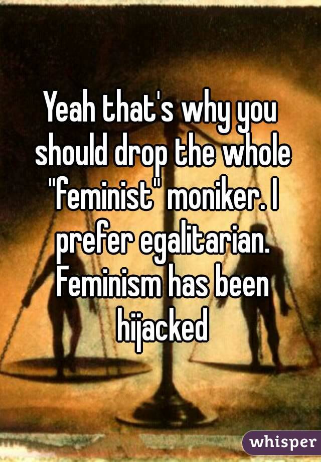 Yeah that's why you should drop the whole "feminist" moniker. I prefer egalitarian. Feminism has been hijacked