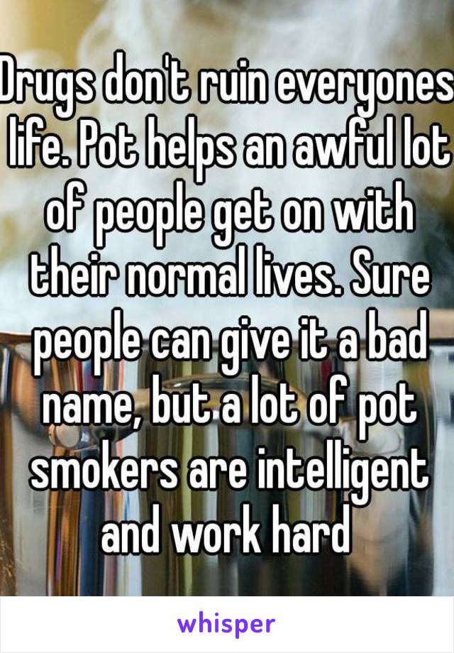 Drugs don't ruin everyones life. Pot helps an awful lot of people get on with their normal lives. Sure people can give it a bad name, but a lot of pot smokers are intelligent and work hard 