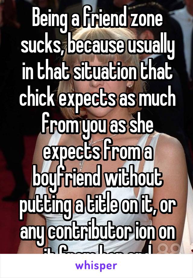 Being a friend zone sucks, because usually in that situation that chick expects as much from you as she expects from a boyfriend without putting a title on it, or any contributor ion on it from her end