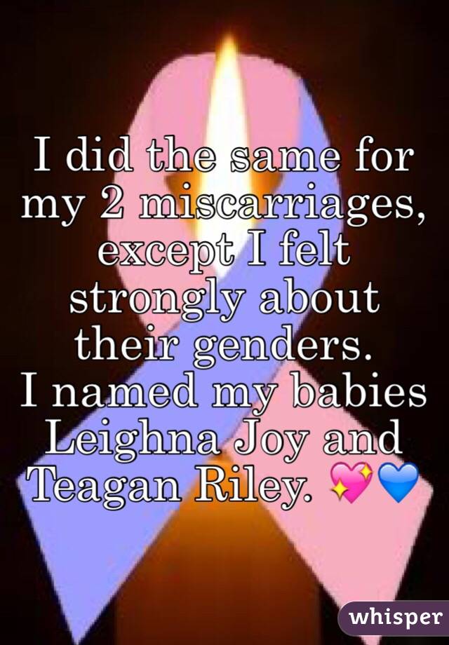 I did the same for my 2 miscarriages, except I felt strongly about their genders. 
I named my babies Leighna Joy and Teagan Riley. 💖💙