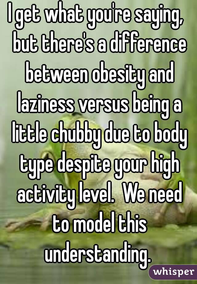 I get what you're saying,  but there's a difference between obesity and laziness versus being a little chubby due to body type despite your high activity level.  We need to model this understanding. 