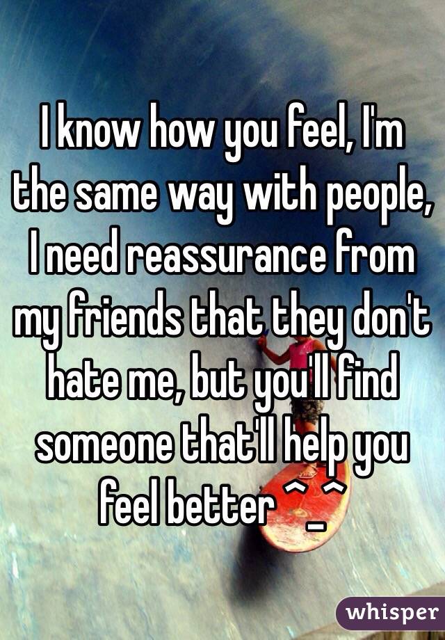 I know how you feel, I'm the same way with people, I need reassurance from my friends that they don't hate me, but you'll find someone that'll help you feel better ^_^