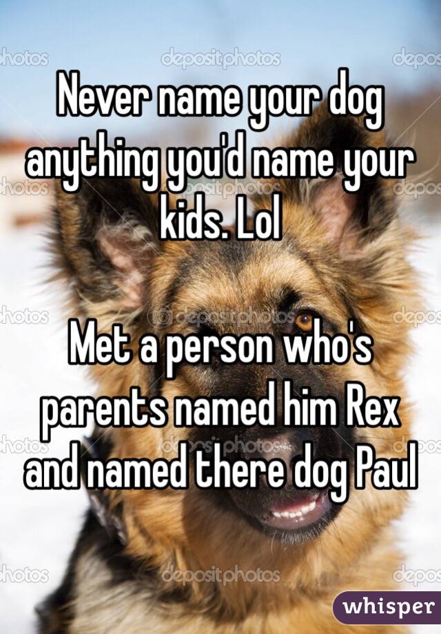 Never name your dog anything you'd name your kids. Lol

Met a person who's parents named him Rex and named there dog Paul

