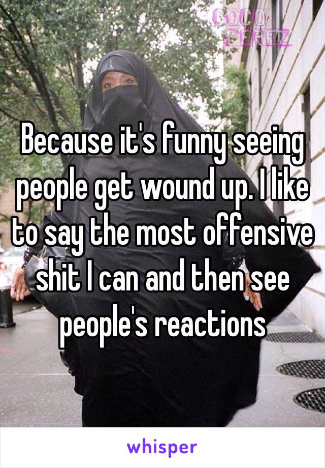 Because it's funny seeing people get wound up. I like to say the most offensive shit I can and then see people's reactions 