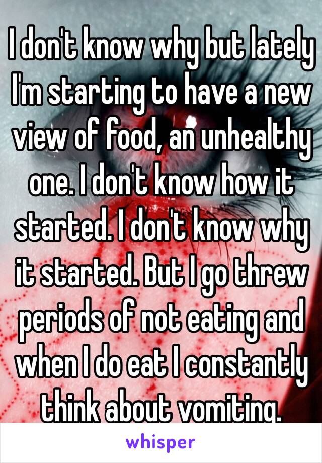 I don't know why but lately I'm starting to have a new view of food, an unhealthy one. I don't know how it started. I don't know why it started. But I go threw periods of not eating and when I do eat I constantly think about vomiting.