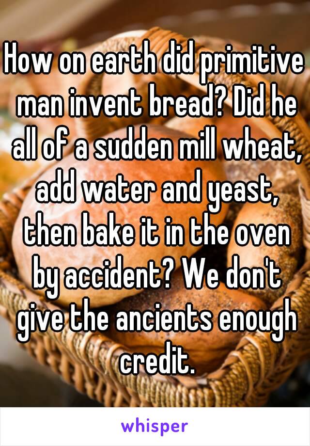 How on earth did primitive man invent bread? Did he all of a sudden mill wheat, add water and yeast, then bake it in the oven by accident? We don't give the ancients enough credit.