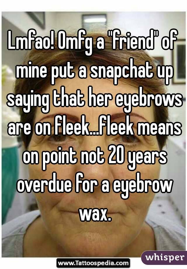 Lmfao! Omfg a "friend" of mine put a snapchat up saying that her eyebrows are on fleek...fleek means on point not 20 years overdue for a eyebrow wax.