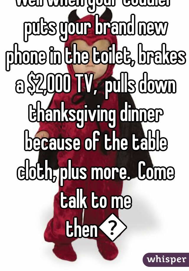 Well when your toddler puts your brand new phone in the toilet, brakes a $2,000 TV,  pulls down thanksgiving dinner because of the table cloth, plus more.  Come talk to me then😆