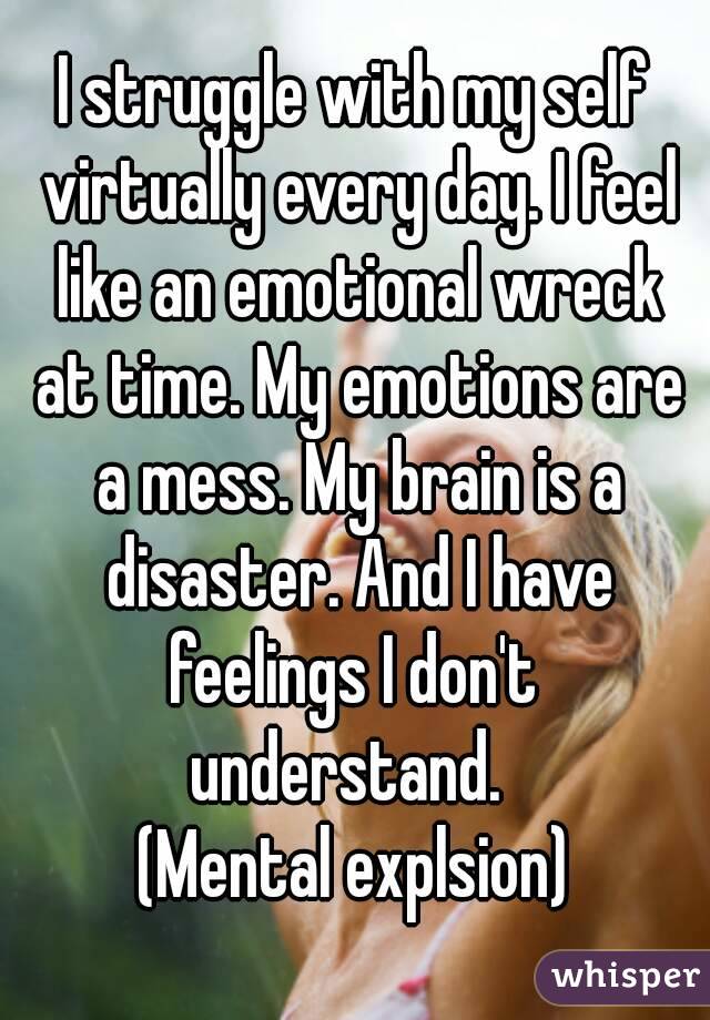I struggle with my self virtually every day. I feel like an emotional wreck at time. My emotions are a mess. My brain is a disaster. And I have feelings I don't  understand.  
(Mental explsion)