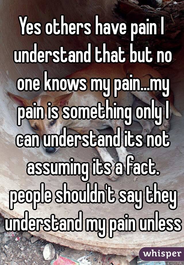 Yes others have pain I understand that but no one knows my pain...my pain is something only I can understand its not assuming its a fact. people shouldn't say they understand my pain unless