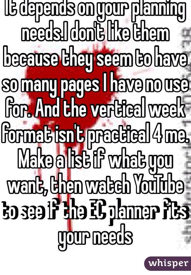 It depends on your planning needs.I don't like them because they seem to have so many pages I have no use for. And the vertical week format isn't practical 4 me.
Make a list if what you want, then watch YouTube to see if the EC planner fits your needs
