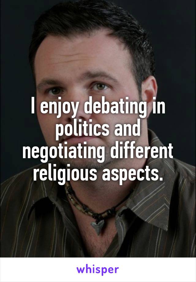 I enjoy debating in politics and negotiating different religious aspects.