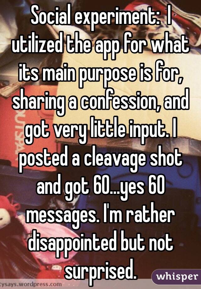 Social experiment:  I utilized the app for what its main purpose is for, sharing a confession, and got very little input. I posted a cleavage shot and got 60...yes 60 messages. I'm rather disappointed but not surprised. 