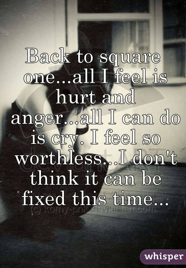 Back to square one...all I feel is hurt and anger...all I can do is cry. I feel so worthless...I don't think it can be fixed this time...