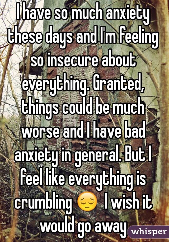 I have so much anxiety these days and I'm feeling so insecure about everything. Granted, things could be much worse and I have bad anxiety in general. But I feel like everything is crumbling 😔  I wish it would go away
