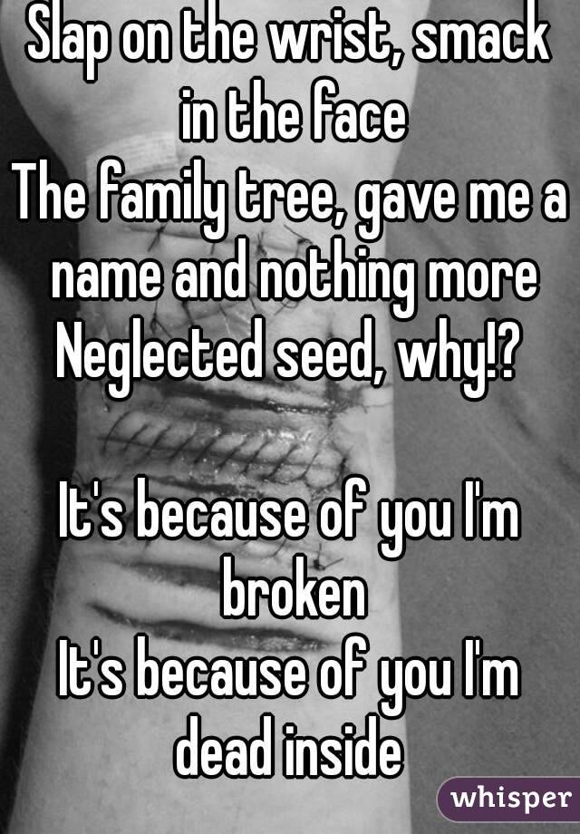 Slap on the wrist, smack in the face
The family tree, gave me a name and nothing more
Neglected seed, why!?
 
It's because of you I'm broken
It's because of you I'm dead inside 