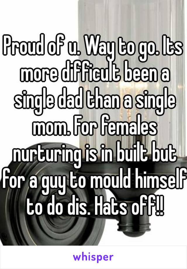 Proud of u. Way to go. Its more difficult been a single dad than a single mom. For females nurturing is in built but for a guy to mould himself to do dis. Hats off!!