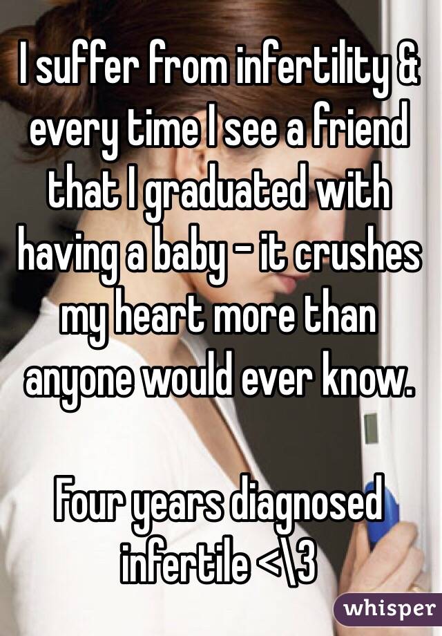 I suffer from infertility & every time I see a friend that I graduated with having a baby - it crushes my heart more than anyone would ever know. 

Four years diagnosed infertile <\3