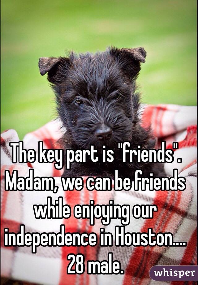 The key part is "friends". Madam, we can be friends while enjoying our independence in Houston....28 male.