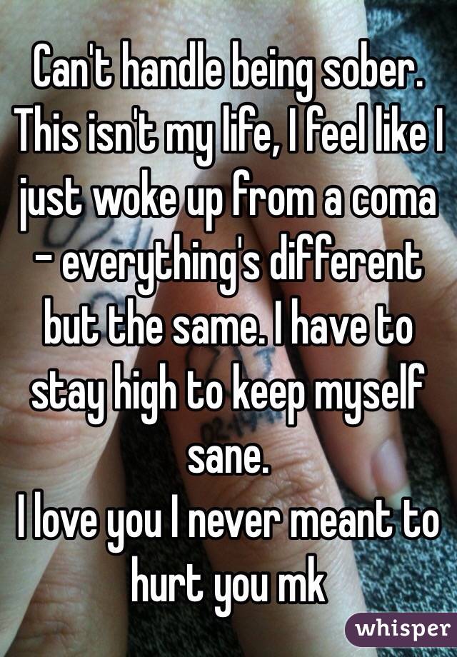 Can't handle being sober. This isn't my life, I feel like I just woke up from a coma - everything's different but the same. I have to stay high to keep myself sane. 
I love you I never meant to hurt you mk 