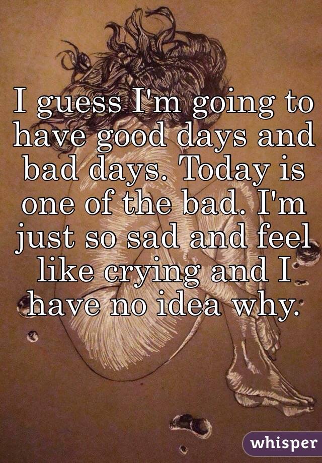 I guess I'm going to have good days and bad days. Today is one of the bad. I'm just so sad and feel like crying and I have no idea why. 