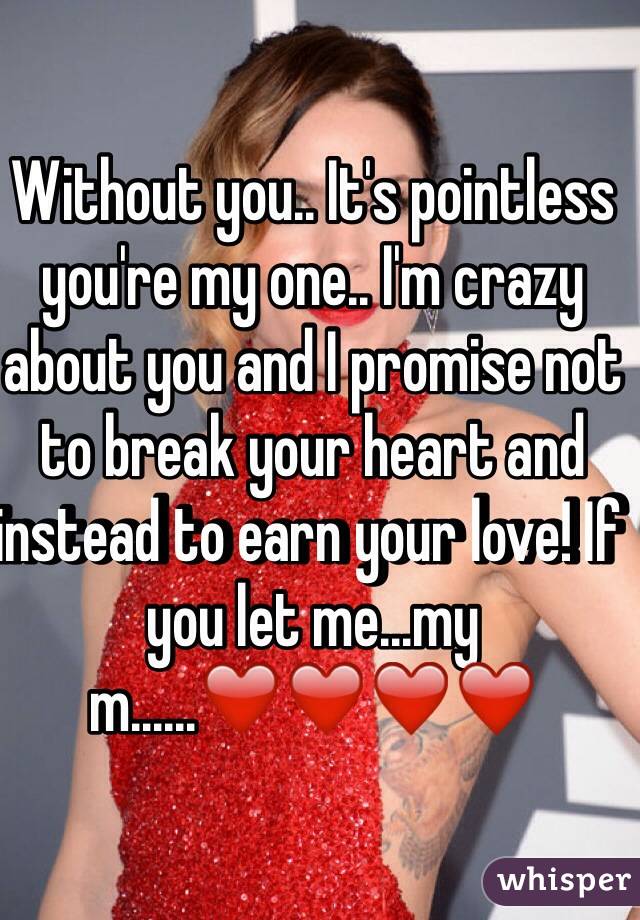 Without you.. It's pointless you're my one.. I'm crazy about you and I promise not to break your heart and instead to earn your love! If you let me...my m......❤️❤️❤️❤️