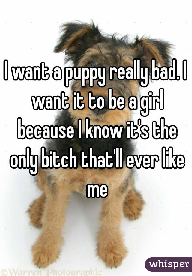 I want a puppy really bad. I want it to be a girl because I know it's the only bitch that'll ever like me