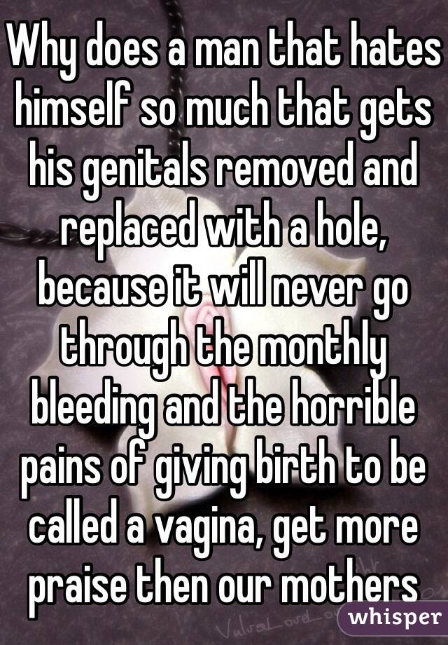 Why does a man that hates himself so much that gets his genitals removed and replaced with a hole, because it will never go through the monthly bleeding and the horrible pains of giving birth to be called a vagina, get more praise then our mothers 