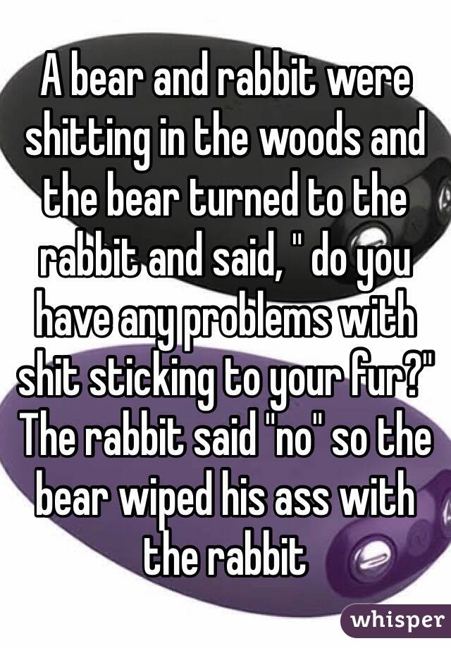 A bear and rabbit were shitting in the woods and the bear turned to the rabbit and said, " do you have any problems with shit sticking to your fur?" The rabbit said "no" so the bear wiped his ass with the rabbit
