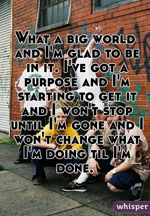 What a big world and I'm glad to be in it. I've got a purpose and I'm starting to get it and I won't stop until I'm gone and I won't change what I'm doing til I'm done. 