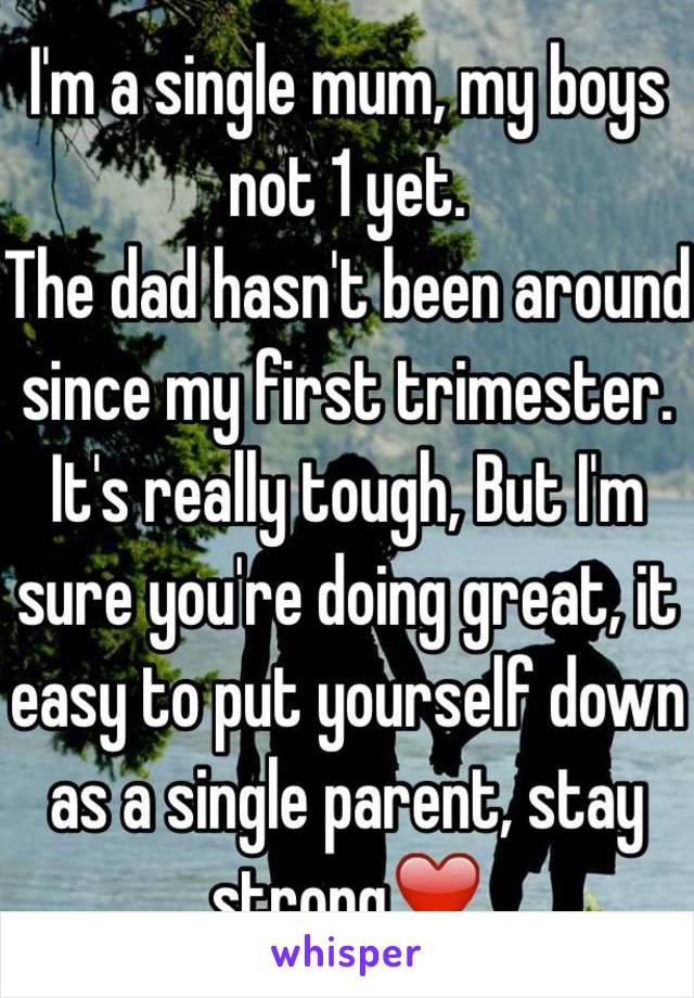 I'm a single mum, my boys not 1 yet.
The dad hasn't been around since my first trimester.
It's really tough, But I'm sure you're doing great, it easy to put yourself down as a single parent, stay strong❤️