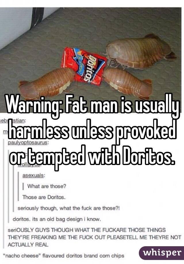 Warning: Fat man is usually harmless unless provoked or tempted with Doritos.